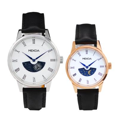 China Custom logo mexda brand moonphase moon phase stainless steel case couples wrist watch genuine leather lovers for sale for sale