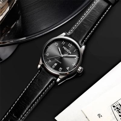 China Mexda Brand ODM Black 316L Stainless Steel Case Sunburst Dial Japan Automatic Movement Genuine Leather Strap Men Business Day/Date Watch for sale