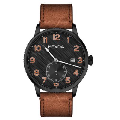 China Mexda brand fashion logo 3atm genuine leather strap belt mens day/date waterproof analog quartz stainless steel case Japan custom watch for sale