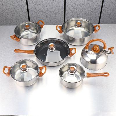 China Viable Cheap Chinese Cookware With Non Stick Fry Pan Soup Pot 12pcs Stainless Steel Cookware Set With Kettle for sale