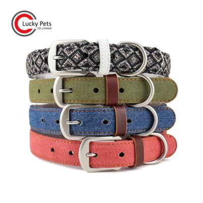 China Manufacturer Custom Luxury Vintage Fabric Padded Genuine Leather Dog Collar with Metal Buckles for sale