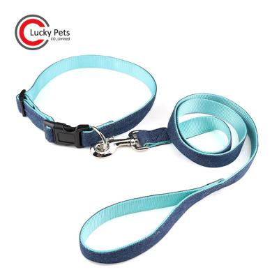 China Custom Made High Quality Classic Cloth Denim Dog Pet Leash Personalized Nylon Collars for sale