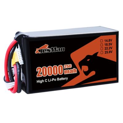 China KlesMan 6S 22.2V 20000mAh 25C 100C FPV Drone Lipo Battery with 130*72*43mm Size and 800 Times Cycle Life for sale