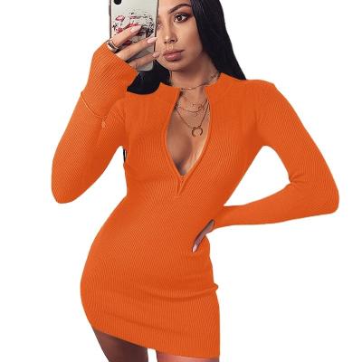 China Long Sleeve Rib Bodycon Dress Winter Spring Mini Dresses Women's Washable Solid Elegant Casual Half-Zip Slim Dress Ladies Knitwear for sale