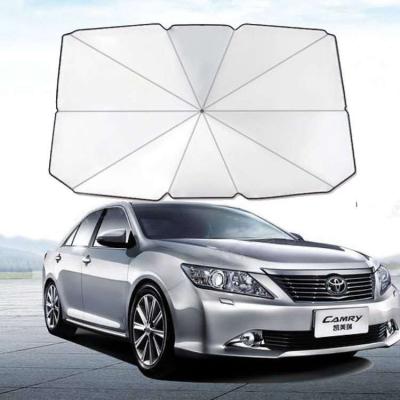 China Polyester+metal frame+plastic handle car windshield sunshade umbrella UV protection umbrella Silver-coated reflective umbrella with PU pocket for sale