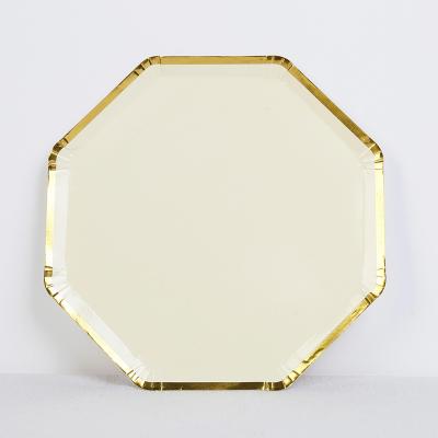 China Custom Printed Hexagon Yellow Disposable Gold Edge Dinner Paper Plate Restaurant Disposable Dishes for sale