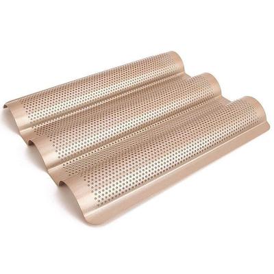 China Viable Non-Stick Golden 3-Slot Baguette Making Tray Loaf Mold French Bread Bake Pan Bake Tools for sale