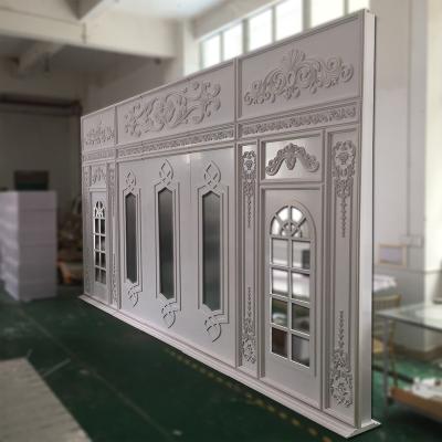 China Elegant White Durabe PVC With Door Beautiful Pattern Adjustable Backdrop Holder For Wedding Event Stage Decoration for sale