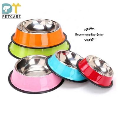 China Viable Wholesale Non-slip Color Stainless Steel Large Dog Bowl /cat Bowl/Pet Bowl With Base Stainless Steel Pet Food Bowl Rubber Dish for sale