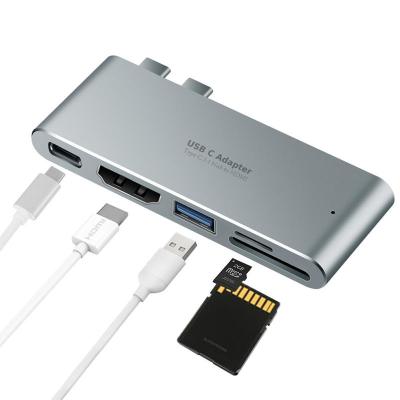 China Plastic OTG Adapter Type-C Dual USB C to 5 in 1 Type-C USB HUB Combo Hub and Card Reader for sale