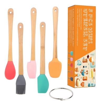 China New Sustainable Kids Mini Silicone Spatula Set With Wooden Handle For Cooking And Baking for sale