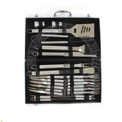 China Hot Selling Easily Cleaned 24 Pieces Stainless Steel BBQ Utensil Tool Kit BBQ Grill Tool Accessories Sets With Storage Case for sale