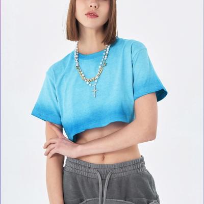 China Anti-Wrinkle Fashion Washed Gradient White Custom Crop Top 100% Cotton T-Shirt Women T-Shirt for sale