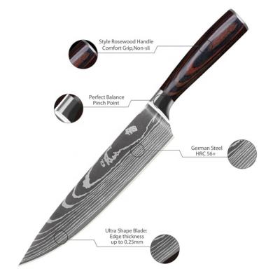 China 8 Inch Chef's Knife Stainless Steel Damascus Design Pattern Meat Stocked Professional Kitchen Knife for sale