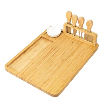 China Sustainable Hot Selling Charcuterie Bamboo Tray Set Board Cheese Meat Serving Board Including Stainless Steel 4 Knife Cheese Board Set for sale