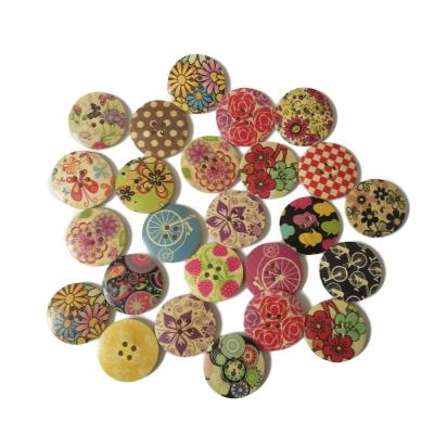 China Viable Mixed 30mm Flower Patterns Printing Four Holes Wooden Decorative Buttons For Kids DIY Material for sale