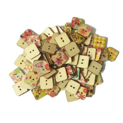 China Viable 15MM Button 2-Hole Square Printing Flower Slice Natural Wood Button For Ornaments for sale