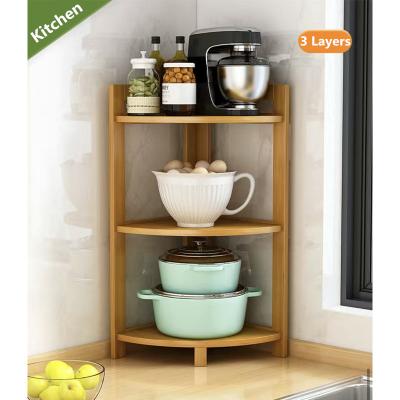 China Wholesale 3 Tier Foldable Standing Organizer Stackable Corner Bamboo Shelf Storage Rack for sale