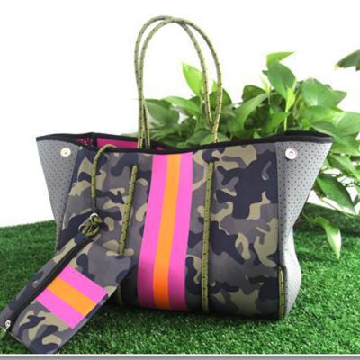 China Custom Eco-Friendly Neoprene Logo Waterproof Multipurpose Travel Women Handbags Pinch Neoprene Tote Bag With Printed Beach Bags for sale