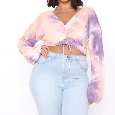 China XXXL Breathable Wholesale Custom Active Wear Women Tie Dye V-Neck Stretch Cropped Crac! crack! complete shirts with long sleeves for sale