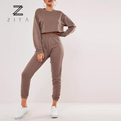 China Breathable Custom Crop Two Piece Sweatsuit Women Sweatshirt Set Ladies Joggers Top Set for sale