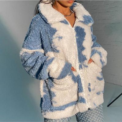 China Fashion Winter Jacket Women's Breathable Plush Zipper Tie Dyed Lambswool Sherpa Coat for sale