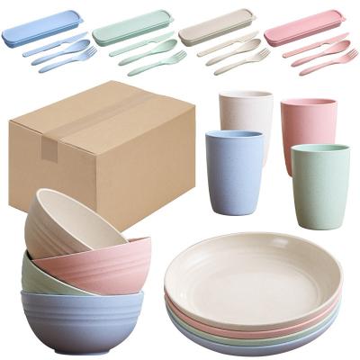 China Sustainable 28 In 1 Wheat Straw Fiber Tableware Dinnerware Biodegradable Packaging Unbreakable Sets for sale