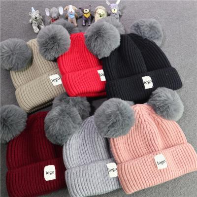 China COMMON Winter Children Wool Beanies Kids Baby Knit Hat Wholesale With Faux Fur Pom Bobble for sale