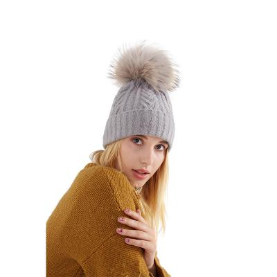 China COMMON Winter Rabbit Wool Custom Women Striped Pom Beanie Hat Manufacturer for sale