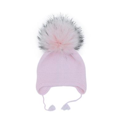 China Custom Plush Embroidered Beanie Knitted Hat Wholesale Pink Beige Gray Bowknot Baby Beanie for sale