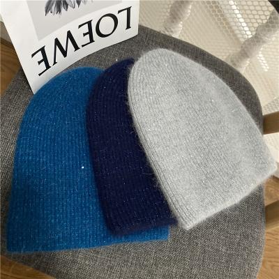 China Barred hat for winter rabbit wool angora fur knitted promotional beanie for sale