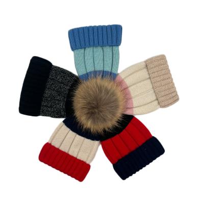 China Fashion Winter Merino Wool JOINT Three Tone Knit Kids Pom Pom Hat Beanie for sale