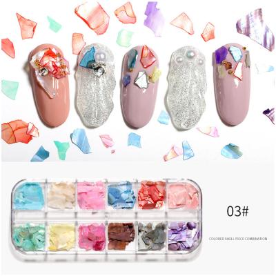 China Finger Nail Art Luxury 12 Color Gradient Etch Mixed Color Nail Sequins Long Shell Piece Glitter Nail Jewelry Strip Box 3d for sale