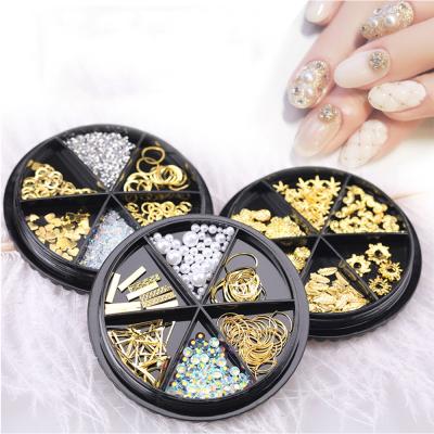 China Easy Apply 6 Grid Disc 3d Jewelry Metal Rivet Rhinestone Pearl Rhinestone Mixed Black Plate Wholesale Fast Shipping Nail Art Decoration for sale