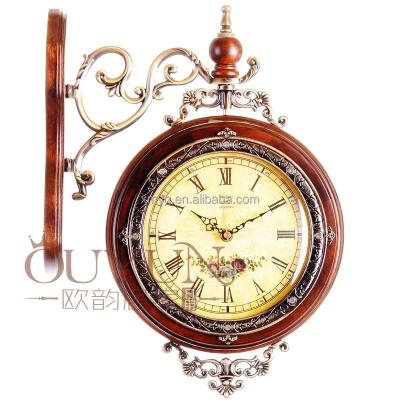 China European Fancy Design Home Decor Decorative Wooden Clock Hanging Double Side Wall Clocks for sale