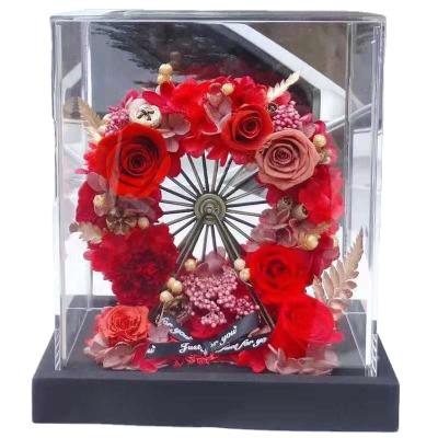 China Durable and natural contact wholesale preserved flower sky wheel rose ferris with acrylic box for sale