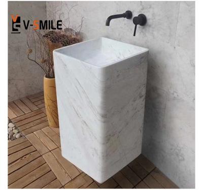 China Modern Luxury Marble Colored Sink Square Shape Modern Single Stand Bathroom Pedestal Wash Basin for sale