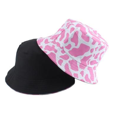 China New Fashion 2021 Fashion Cow Print Bucket Hat Korean Pink Women's Reversible Fishing Bob Hat Autumn Summer Hat for sale