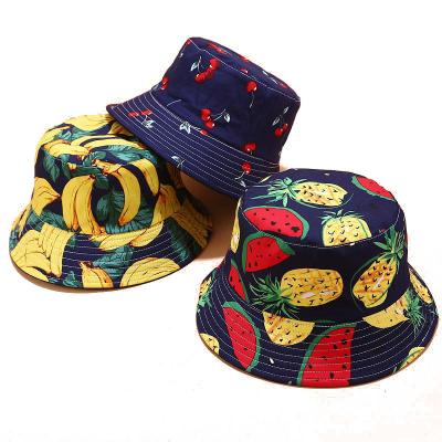 China Reversible Bucket Hat Cherry Print Fisherman Hat Casual Harajuku Hip Hop Watermelon Banana Fruit Print Panama Bucket Hats Men Women for sale