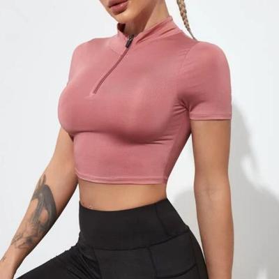 China Breathable Slim Fit Short Sleeve Neck Breathable Slim Fit Short Sleeve Custom Gym Fitness Singlet Yoga Yoga Crop Top for sale