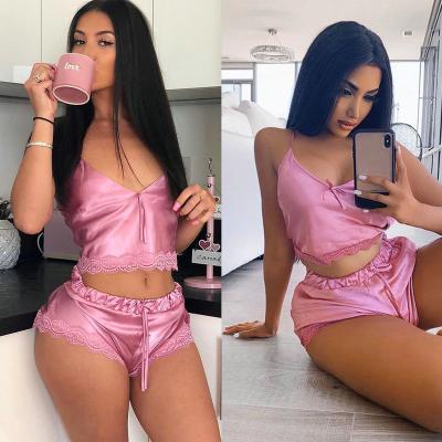 China 2021 Summer lingerie lace QUICK DRY QUICK DRY silk pajamas set pink camisole sleepwear 2pieces nightgowns for women bathing wear for sale