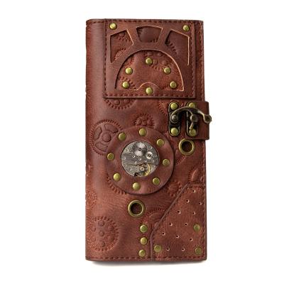 China Steampunk Men Women Vintage Leather Type Long Steampunk PU Clutch Credit Card Bifold Wallet for sale