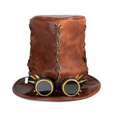 China Halloween. Vintage Party Wear Festival Party Halloween Steampunk Cosplay Costume Magician PU Leather Top Hat for sale