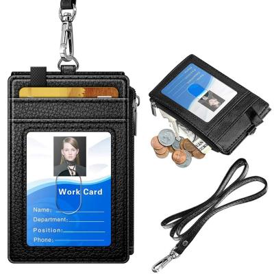 China RFID Blocking Protect Leather ID Badge Card Holder Wallet with 5 Card Slots RFID Blocking Neck Lanyard Strap Pocket for Offices ID School for sale