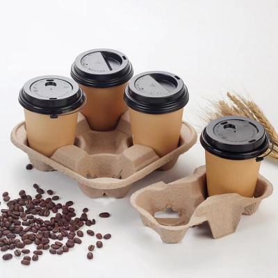 China Eco Recyclable Biodegradable Cold-Hot Drink Coffee Paper Cups With Lid Straw / Pulp Fiber 4 Cup Carrier Coffee Cup Holders for sale