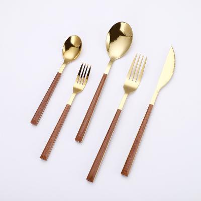 China Retro five-piece fork meal spoon meal steak knife square handle rust grain tableware wooden handle viable western creative imitation steel clip for sale