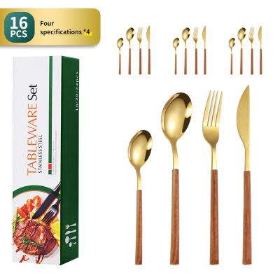 China Viable Western Dining Wooden Spoon 16pcs Grain Handle Stainless Steel Tableware Set Spoon Steak Wood Portuguese Knife Fork for sale