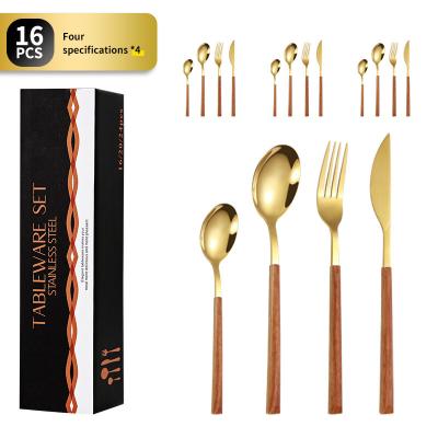 China Viable Stainless Steel Cutlery Set Imitation Wood Grain Western Food Steak Knife, Fork And Spoon Gold Gift 16 Piece Set for sale