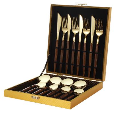 China Sustainable 16 Piece Stainless Steel Cutlery Set Wood Grain Clip Handle 12 Piece Western Cutlery Knife, Fork And Spoon Gift Box for sale