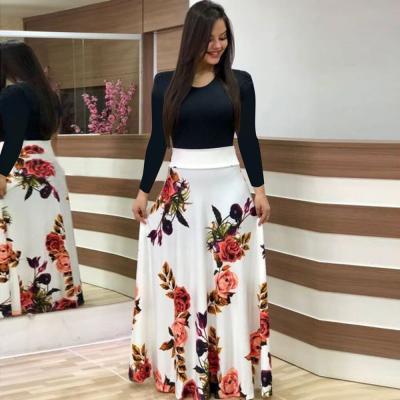 China Breathable Flower Print Color Matching Women Dress Long Maxi Lady Floral Long Skirt Wrapped Short 2 Piece Skirt Sets Women for sale